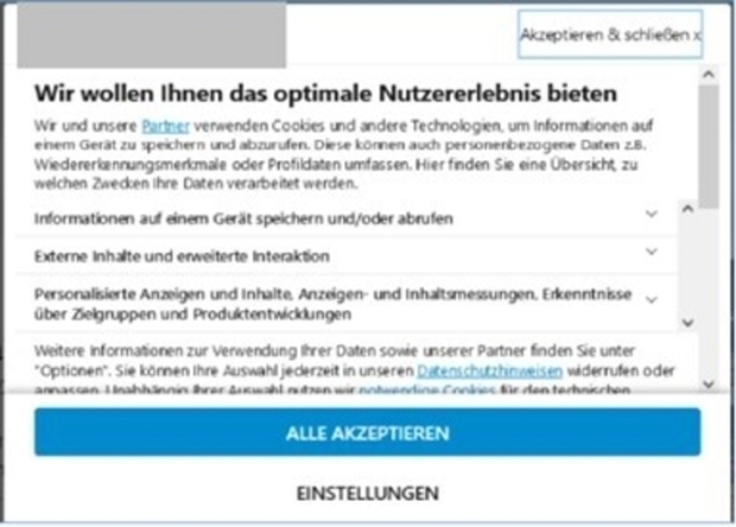 Unzulässige Cookie Einwilligungsabfrage.