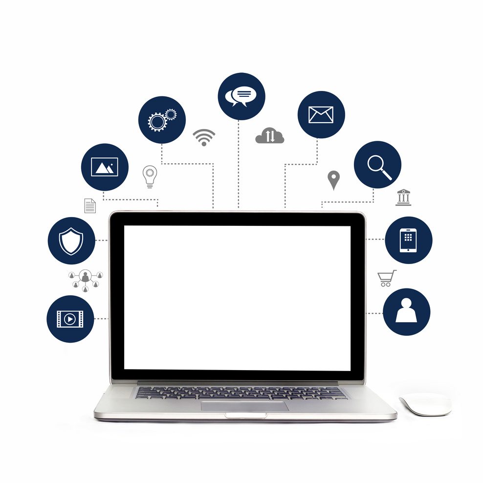 Laptopabbildung mit verschiedenen Symbolen für Internetfunktionen.